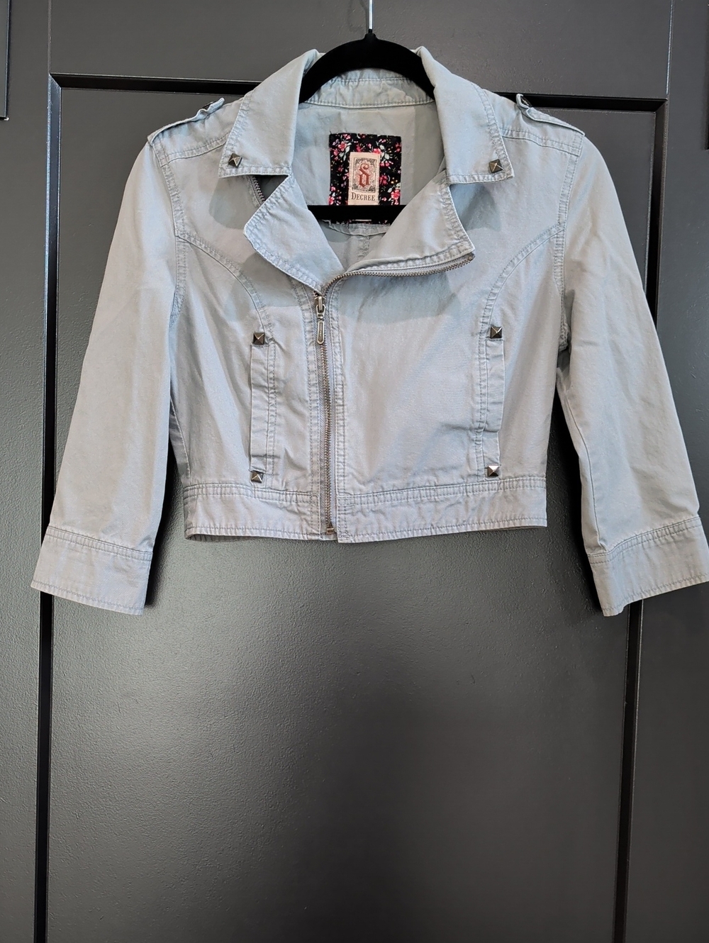 Decree Cropped Light Gray Studded Moto Jacket 3/4 Sleeve